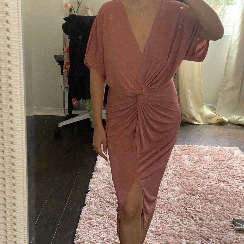 Women's Short Sleeve V Neck Twist Front Split Midi Dress